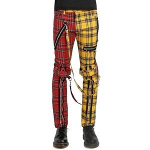 Men Bondage Straps Punk Split Leg Plaid Jeans Pant Alternative Rebel Rock EMO